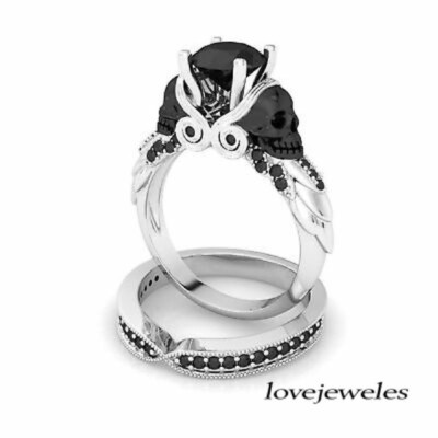 Lab-Created 2CT Round Cut Black Diamond Skull Wedding Ring
