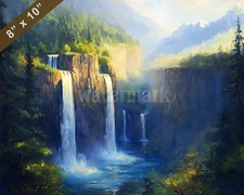 Columbia River Gorge with waterfalls oil painting 8x10 Print