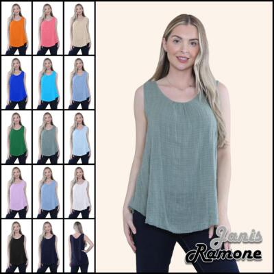 Italienisches gerafftes Damen-T-Shirt Trägertop ärmellos uni Baumwolle lässig Sommer Oberteil
