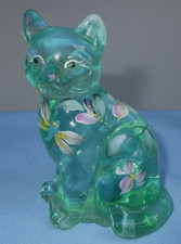 FENTON GREEN CAT FIGURINE HANDPAINTED FLOWERS & DRAGONFLY SIGNED K BUSKIRK