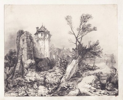Burg Ruine Turm chateau castle ruins France drawing Zeichnung dessin 1840