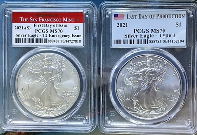 #ad Two 2021 Eagles 1 ea T2 FDI PCGS MS 70 amp; 1 ea. T1 Eagle Last Day of Production $399.95
