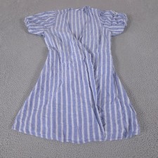 Old Navy Dress Women M Striped Puff-Sleeve Mini Wrap Linen Blend Railroad Stripe