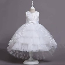 White Tulle Formal Christening Gown 7/8 Floral 3D Applique Satin Bow Flower Girl