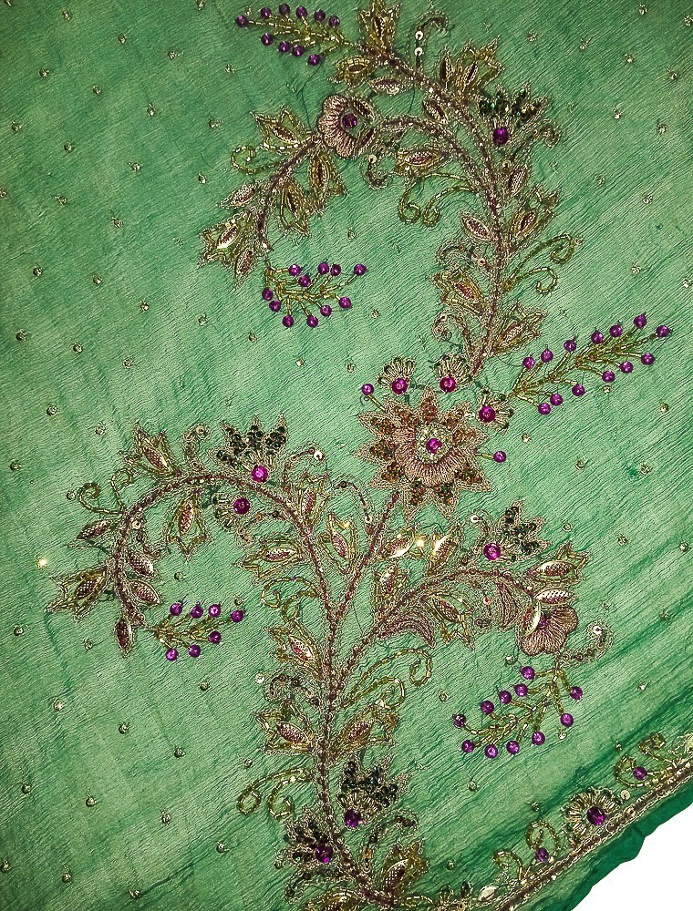Dupatta de gasa verde: bordado floral rosa, bufanda de boda india LD7258