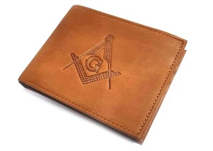 Masonic RFID Genuine Leather Bifold Wallet Square & Compass Logo Freemason Gift 