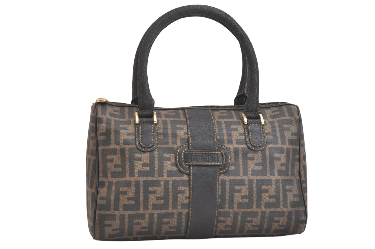 Authentic FENDI Vintage Zucca Boston Hand Bag PVC Leather Brown Black Junk 4777N