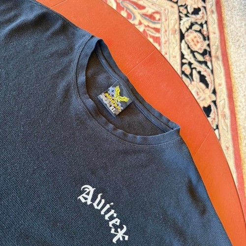 Y2K Avirex Black Grunge Waffle Knit Thermal Shirt
