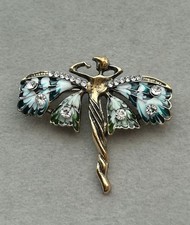Jugendstil Brosche Nymphe Gold Grün Art Nouv...