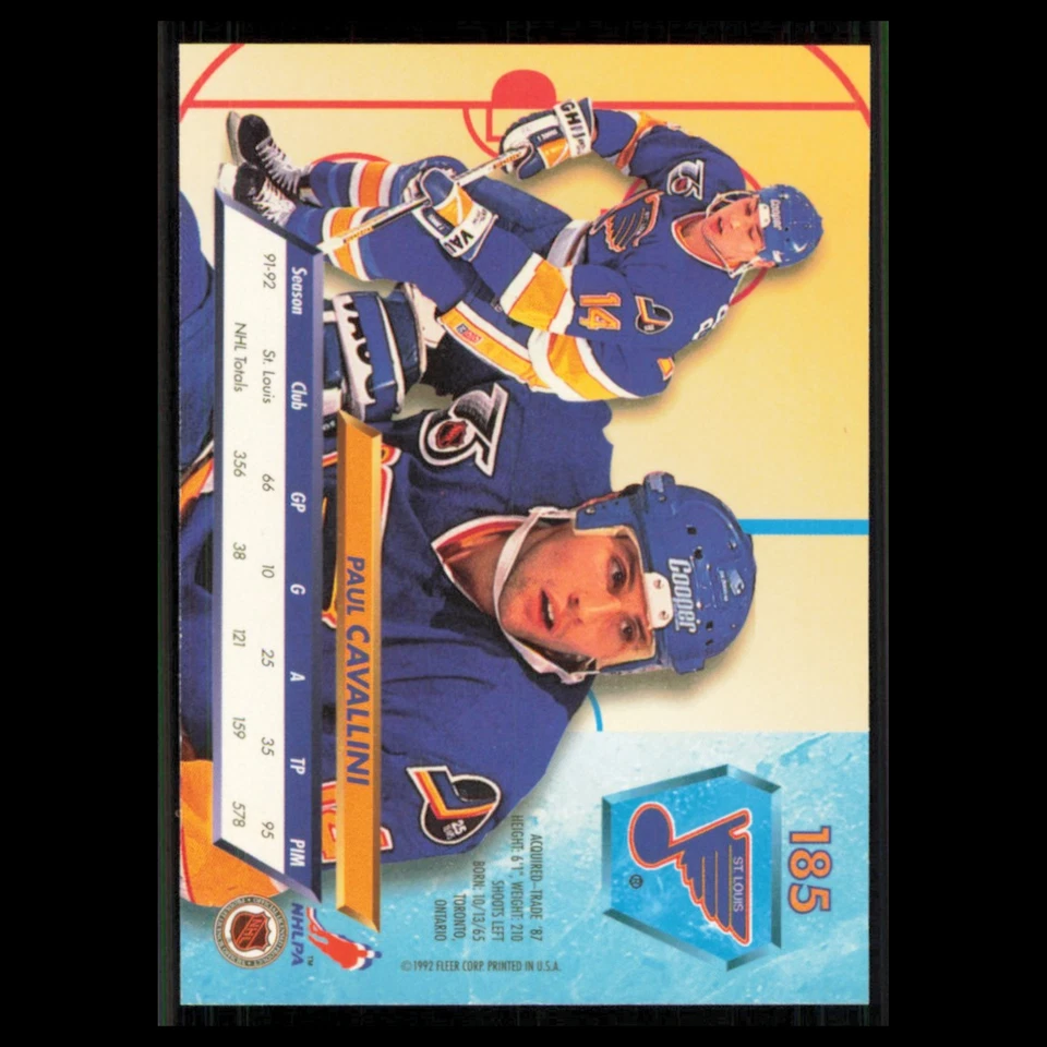 Paul Cavallini #185 1992 Fleer Ultra St. Louis Blues Hockey Card NHL NM - Image 2 of 3