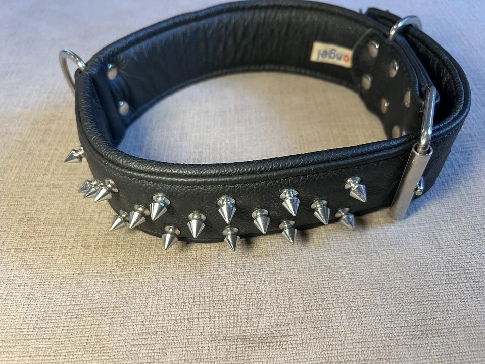 Ошейник собачий Angel натуральная кожа с шипами с заклепками широкий с подкладкой черный высокопрочный - Изображение 3 из 4