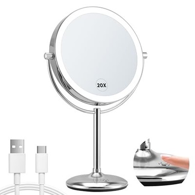 9'' Large Lighted Makeup Mirror with Magnification/1X, Magnifying 20X Chrome