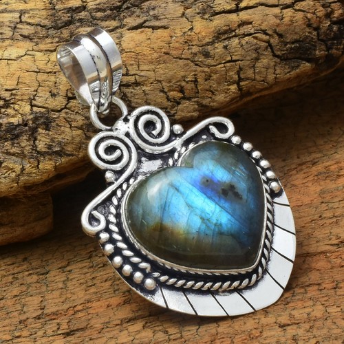 Pendentif Labradorite Fait Main Argent 925 - Forme Feuille - Pierre Naturelle Multicolore - 6.35cm