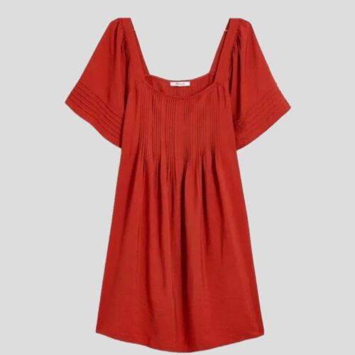 NWT Madewell Pintuck Pleat Minidress Size 4X Red Flowy Feminine Square Neck Airy