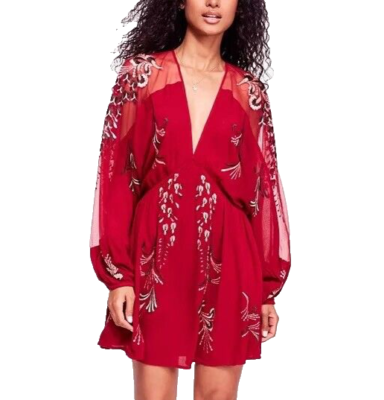 free people bonjour embroidered mini dress Free People Women's Bonjour Embroidered Mini Dress - Red
