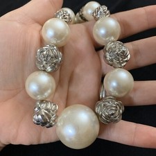 Vtg Victorian Revival Faux Pearl  Repousse Flower Bead Choker Necklace Acrylic