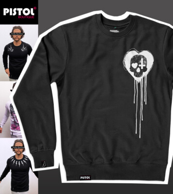 Pull Homme Pistol Boutique Noir - Motif Croquis Croix, Col Rond, Coton - Neuf Avec étiquettes