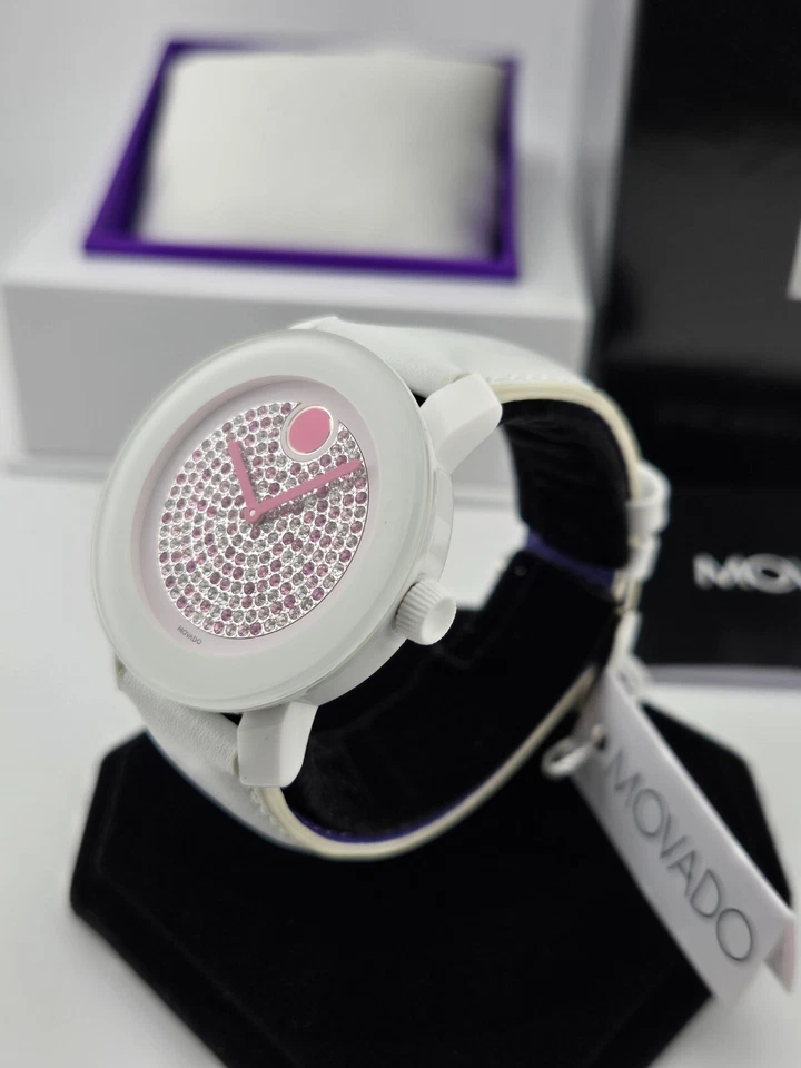 Movado Women's Bold Pink Crystal Dial White Leather Watch - 3600262 ($550 MSRP) - Image 2 of 4