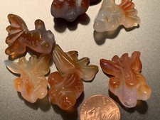 One Vintage Agate Gemstone Hand Carved Fish Goldfish Bead Pendant 24mm x 12mm