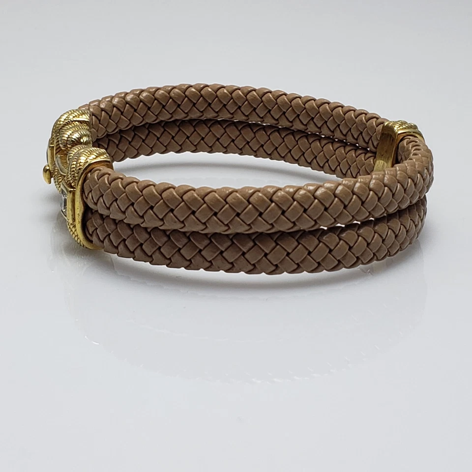 Brazalete Judith Ripka Diamonique de circonita cúbica de cuero marrón con superposición de oro de plata esterlina Foto 2 de 4