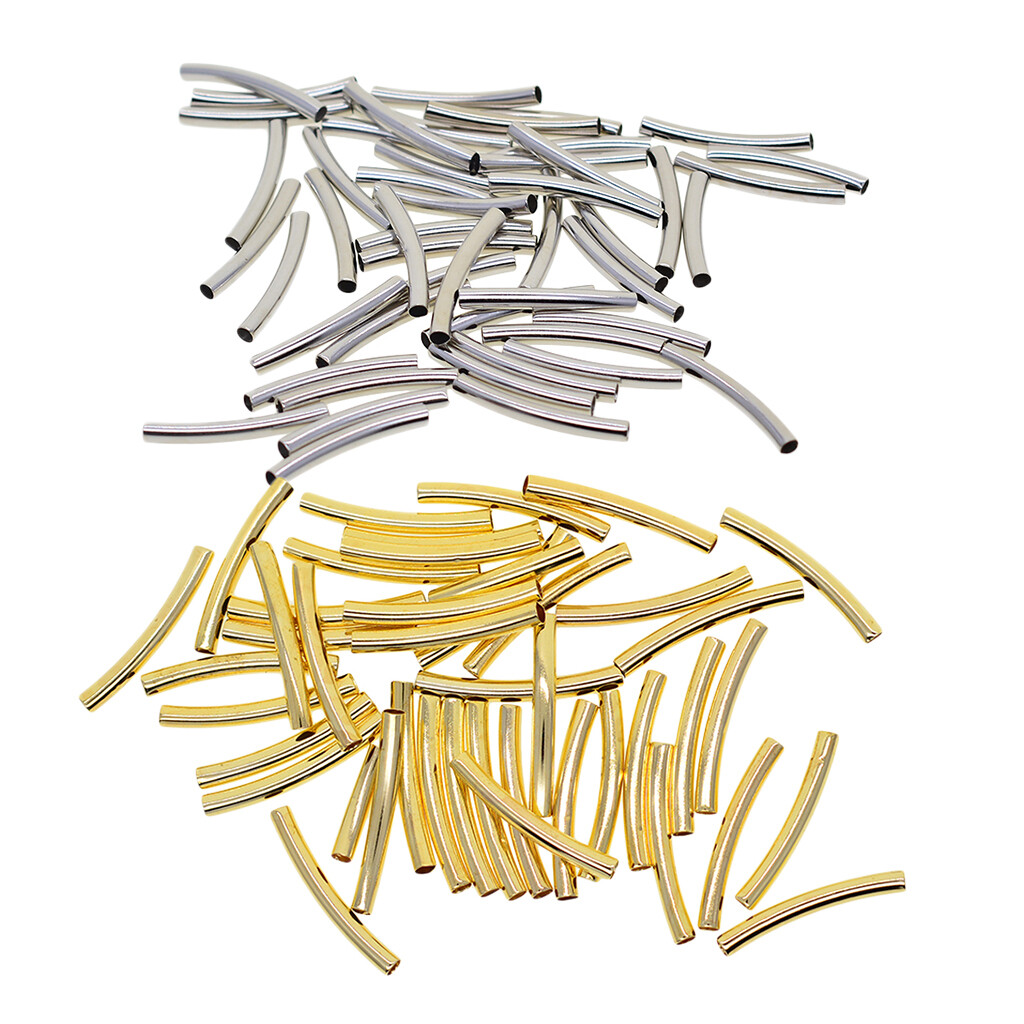 100Pcs Gold Silver Smooth Long Tube Beads Curved Noodle Charms DIY