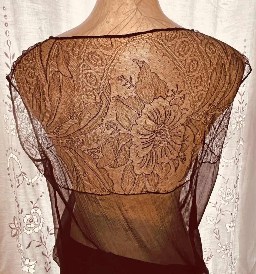 Vintage Silk Lace and Crepe Drop Waisted Dress w/ Hand Painted Flowers ZZ060 - Image 3 of 4