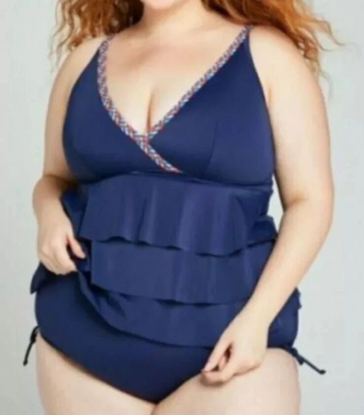 Cacique NWT Navy Blue tiered Lightly lined no wire tankini swimsuit top size 14 - Image 2 of 4