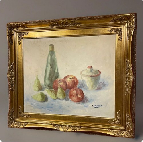quadro vintage dipinto a olio su tela natura morta frutta con cornice dorata 900 - Foto 3 di 13