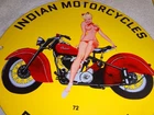 VINTAGE 1972 INDIAN MOTORCYCLES RIDE THE BEST +WOMAN 11 3/4" PORCELAIN GAS SIGN!