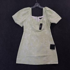 Lulus Dress Women's Large Green Floral Jacquard Puff Sleeve Sweetheart Mini