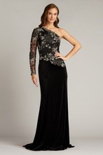 Tadashi Shoji Black Lace Bodice One Shoulder Velvet Gown Size 8 478