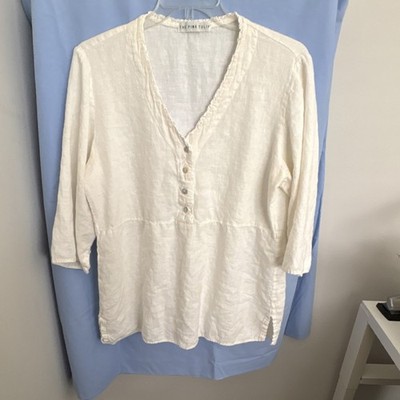 The Pink Tulip Women's Linen Tunic Top V Neck Button Front 3/4 Sleeve White