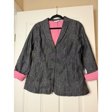 Denim Co Rose Embroidered Denim Blazer Jacket Dark Wash Pink Lining Medium