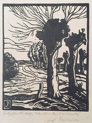 J. Reimer (XX-XX) Holzschnitt  Kopfweide in der Landschaft , um 1930. Mit Bleist