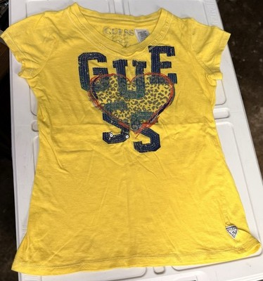 Guess girls size large 14 Cap sleeve T-shirt sequin front yellow blue Shirt