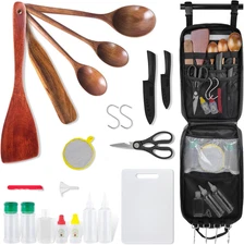 Camping Cooking Cookware Set - Upgraded Camp Kitchen Organizer with Wooden Utens