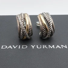 David Yurman 14K Yellow Gold Sterling Silver Crossover Omega Back Earrings Box