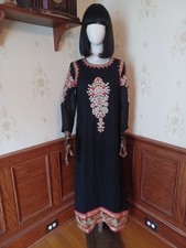 Vintage 1960s Embroidered Black/Red/Gold Chiffon Boho/Festival Caftan Maxi-dress