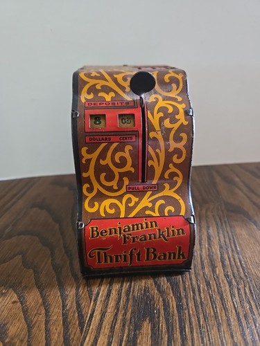 Vtg Louis Marx Benjamin Franklin Thrift Bank Tin Litho - Very Nice! - Picture 2 of 10