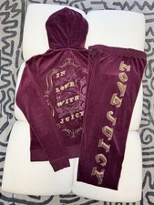 Juicy Couture Y2K Velour Tracksuit Set Large Jacket Petite Pants Gold/Burgundy