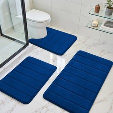 Navy Blue Memory Foam Bathroom Rug Set 3 Piece Non Slip Extra Absorbent Shaggy
