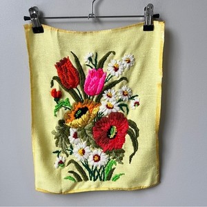 Vintage Crewel Embroidery Wall Art Yellow Floral Yarn Folk Art Cottage Rustic