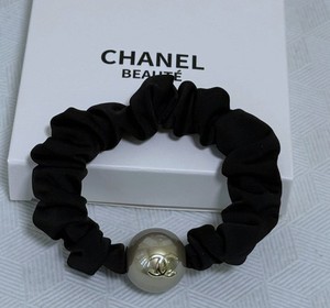 CHANEL Black Fabric Scrunchie Hair Tie with Logo Bead Accent Solid Round