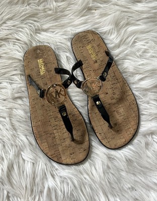 MICHAEL KORS Black Jelly Cork Thongs Flat Sandals Size MK Gold