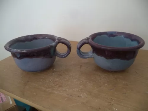 2 Vintage Studio Art BLUEISH Pottery Drip Glazed Stoneware Cup Bowl THUMB REST