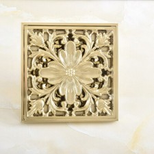 Gold Color Brass Flower Carved Bathroom Shower Waster Floor Drain Square Shaped