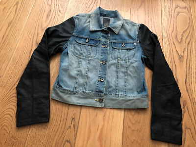 DKNY JEANS DONNA KARAN DAMEN BLAU DENIM SCHWARZ RINDSLEDER FREIZEIT JACKE LARGE