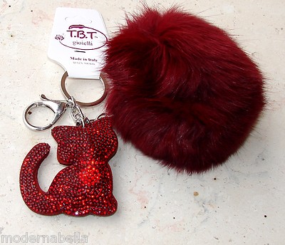 Glänzende Katze Kätzchen 3D POMPON Schlüsselanhänger Glücksbringer, Anhänger Tasche Strass