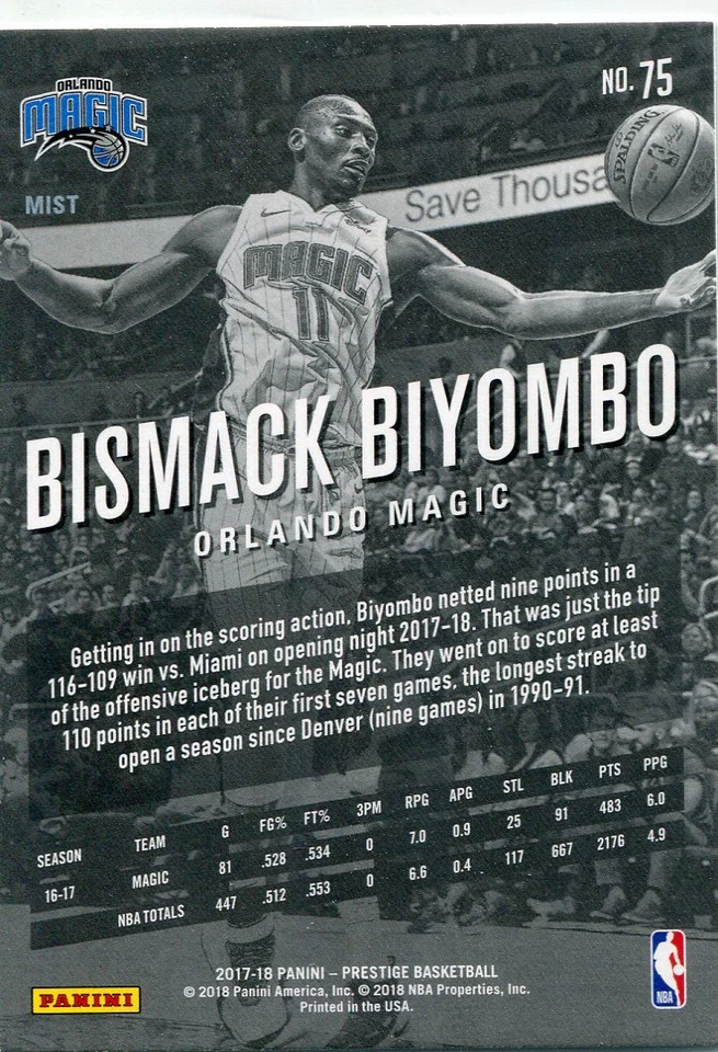 2017-18 PRESTIGE MIST PARALLELS BISMACK BIYOMBO ORLANDO MAGIC - Image 2 of 2