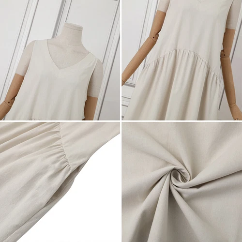 Maxi vestidos retro de playa de lino de algodón informales con cuello en V lisos para mujer - Imagen 10 de 28